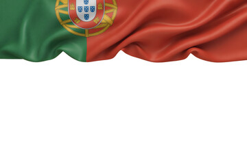 Fototapeta premium Waving Portuguese flag fabric with detailed emblem and texture with copy space on bottom, symbolizing national pride and heritage.