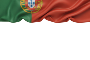 Waving Portuguese flag fabric with detailed emblem and texture with copy space on bottom, symbolizing national pride and heritage.
