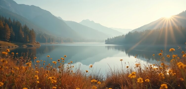 Calm lake reflects hazy mountains and pine forest. Sunbeams shine through misty air onto foreground wildflowers and dry grass. Peaceful autumn day in nature.