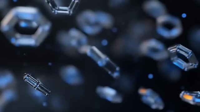 Intricate, glowing geometric shapes float against a dark, blurred background, showcasing a mesmerizing display of crystalline formations with a sense of depth and abstract patterns, presenting a...
