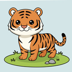 Cute Indochinese Tiger Cub Standing on Grass Happy Wild Cat Character Vector Illustration