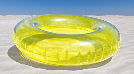 Transparent yellow flotation device rests upon bright sand under a clear blue sky