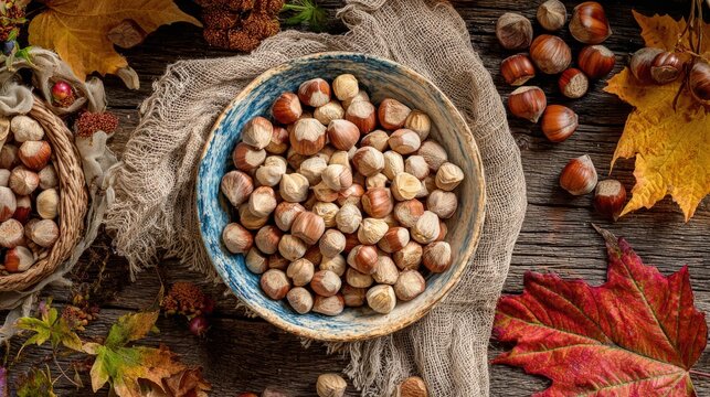 Abundant shelled and unshelled nuts are displayed with autumn foliage on a rustic wooden surface.