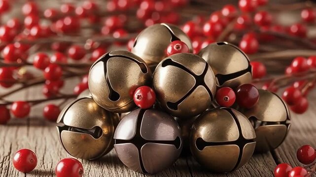Stack of bronze jingle bells with red berries on rustic wooden surface, cozy holiday decoration
