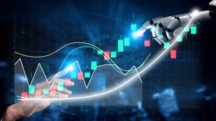 A captivating blend of human interaction and robotics, showcasing financial data visualization, market growth signals, and innovative analytics trends in finance. Copula