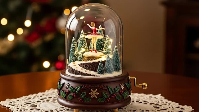 Christmas music box with ballerina spinning inside glass dome with festive lights and pine tree decorations on wooden table, cozy holiday ambiance