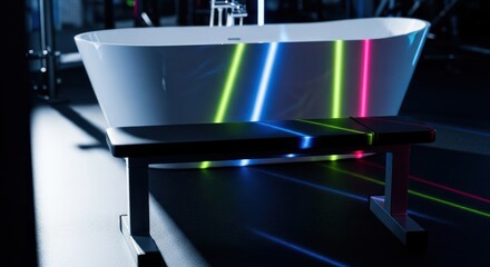 Freestanding bathtub with neon stripes in gym interior. Suited for wellness, relaxation, spa, luxury, self-care, bathroom, recovery, health, modern, design, calm.