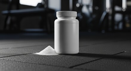 Protein powder bottle with heap on gym floor, light and dramatic shadow. Fitness supplement, sports nutrition, clean eating, bodybuilding, active lifestyle, powdered diet, gym ad, health branding.