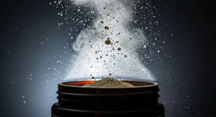 Black protein powder container with powder explosion in dramatic spotlight on dark background. Energy supplement, fitness ad, power, bodybuilding, wellness, sports, nutrition, dynamic modern design.