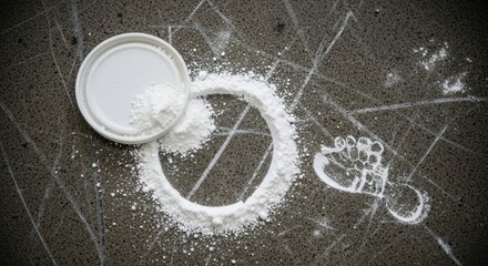 Open jar lid with spilled white powder in a creative circle composition on dark background. Fitness nutrition, sports supplement, ingredient, food powder, artistic detail, daily routine, 