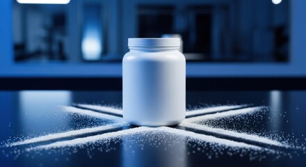 White supplement jar with powder starburst design on surface, blue lighting. Perfect for fitness, protein, sports nutrition, health, bodybuilding, product, minimal design.
