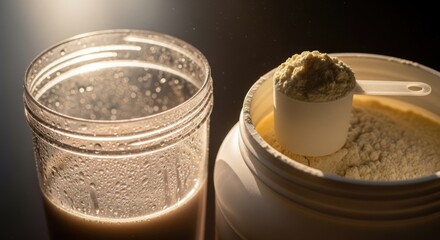 Transparent shaker, supplement jar, and scoop of protein powder in soft light. Ideal for fitness, sports nutrition, preworkout, hydration, healthy lifestyle, product.