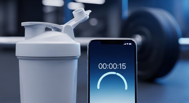 Fitness shaker bottle and smartphone with timer, gym kettlebell in soft blue light. Workout preparation, protein shake, routine, health, sports nutrition, active lifestyle, personal fitness 