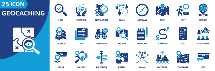 geocaching icon set collection in solid glyph dual color style. pack contain treasure, cache, gps, map, compass, hunt, search, find, adventure, clue icon