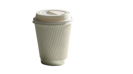 Photo of corrugated white paper coffee cup with a plastic lid for hot beverage, isolated on transparent background
