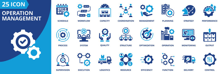 operation management icon set collection in solid glyph dual color style. pack contain process, planning, control, strategy, workflow, efficiency, schedule, coordination, monitoring, execution icon