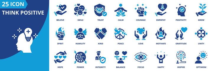 think positive icon set collection in solid glyph dual color style. pack contain hope, smile, peace, focus, believe, calm, empathy, positivity, bright, love icon