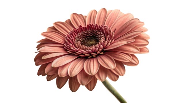 Photo of closeup of a single, delicate salmon pink gerbera daisy flower with a dark center, isolated on transparent background