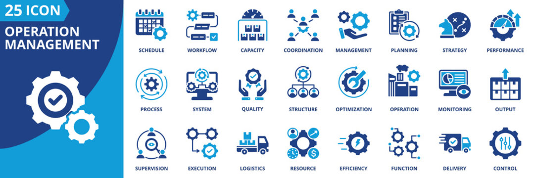 operation management icon set collection in solid glyph dual color style. pack contain process, planning, control, strategy, workflow, efficiency, schedule, coordination, monitoring, execution icon