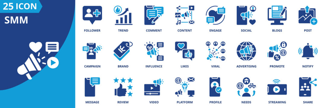 smm icon set collection in solid glyph dual color style. pack contain content, post, share, trend, viral, comment,  likes, follower, story, engage icon