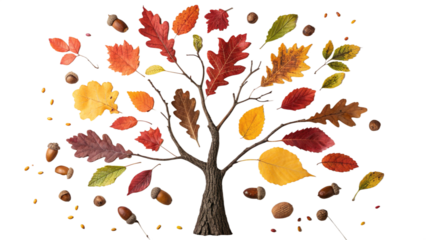 Photo of autumn tree silhouette with colorful falling oak leaves and acorn nuts scattering around isolated on transparent background