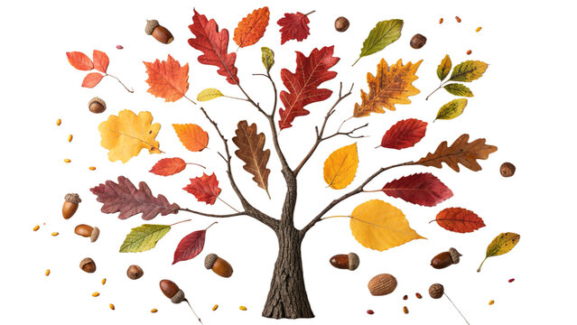 Photo of autumn tree silhouette with colorful falling oak leaves and acorn nuts scattering around isolated on transparent background - Powered by Adobe