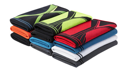 Photo of stack of folded sports sweatbands or wristbands in various bright colors like red, blue, green, and black, isolated on transparent background