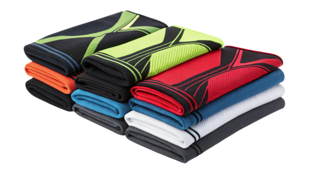 Photo of stack of folded sports sweatbands or wristbands in various bright colors like red, blue, green, and black, isolated on transparent background