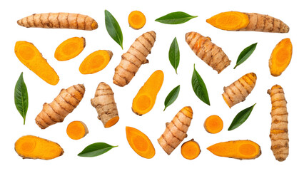 Photo of assortment of fresh turmeric rhizomes, both whole and sliced, scattered with small green leaves, isolated on transparent background for spice concept