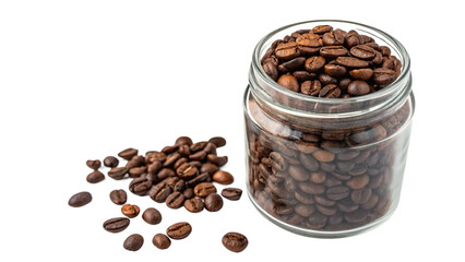 Photo of roasted coffee bean in a clear glass jar with some beans spilled on the white surface, isolated on transparent background