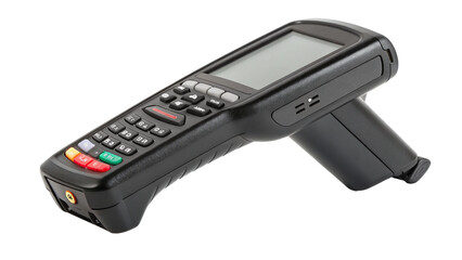 Photo of black handheld industrial barcode scanner or mobile computer with keypad and screen, isolated on transparent background