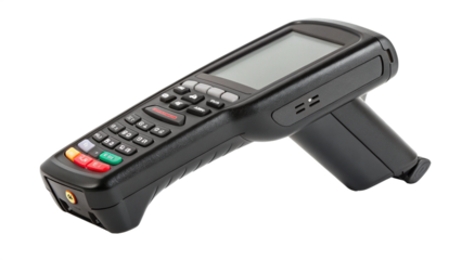 Photo of black handheld industrial barcode scanner or mobile computer with keypad and screen, isolated on transparent background