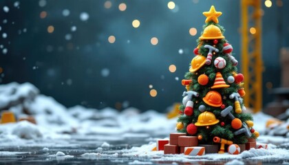 Festive christmas tree with construction theme decoration in winter setting