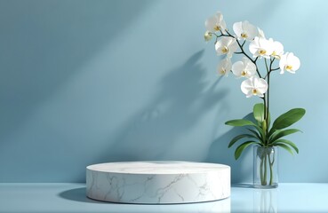 White marble round podium stands on light blue surface. Background wall light blue with soft shadows. White orchid flowers in clear glass vase. Elegant, modern setup perfect for presenting beauty,