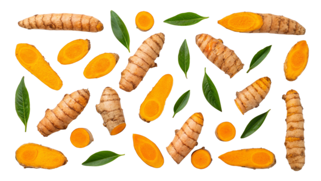 Photo of assortment of fresh turmeric rhizomes, both whole and sliced, scattered with small green leaves, isolated on transparent background for spice concept