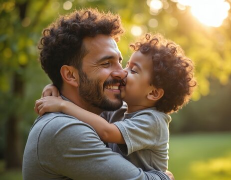 Father and son bonding outside. Child kisses dad on the cheek in park. Man hugs little kid with love at sunset. Happy family enjoy time together on nature - Powered by Adobe