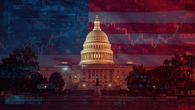 US Capitol with American Flag and Financial Data Overlay