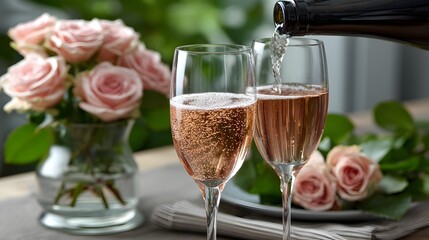 Two champagne glasses with sparkling wine and pink roses arranged for a celebration, suitable for birthday, engagement, or wedding themes