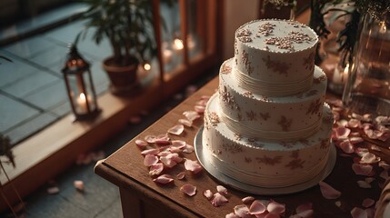 Elegant three-tier wedding cake decorated with floral patterns and rose petals, ideal for wedding and engagement themes