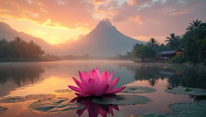 Pink lotus blossom floats on calm lake water with reflection at sunset. Mountain silhouette palm trees zen backdrop. Peaceful meditation relaxation tranquility theme.