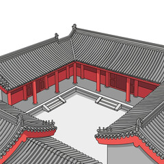 Traditional chinese courtyard house with gray roof and red pillars illustration