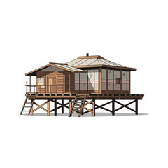 Unique stilt house illustration with timber construction and geometric details