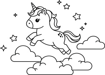 Cute cartoon unicorn jumping among stars and clouds outline horse mythical creature