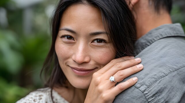 Close-up portrait of a woman gently touching her face while showing an engagement ring, symbolizing love and commitment