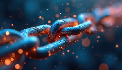 Abstract digital chain with blue glowing metal links shines bright. Orange sparks fly around strong secure connection. Illustration shows futuristic data network tech concept. Blockchain, modern