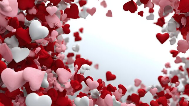 Red and pink heart shapes floating around a bright background, creating a festive and romantic design element