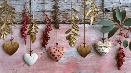 Assorted heart-shaped ornaments hanging against rustic wood, creating a charming romantic decorative scene