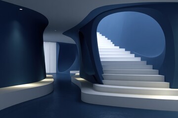 Obraz premium Modern architectural interior with a curved staircase.