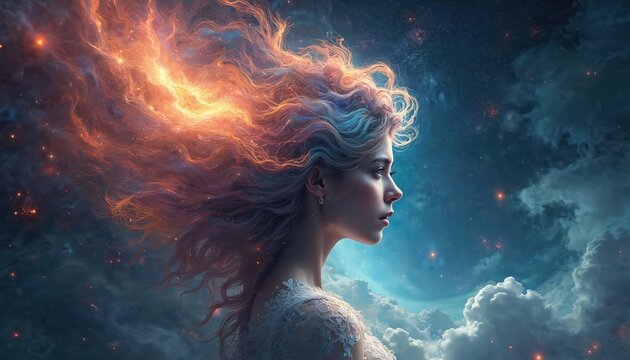 Young woman profile looks forward. Long flowing luminous hair glows like cosmic nebula with stars, orange light. Wears lacy white dress. Starry night sky, deep space clouds. Represents inner world,