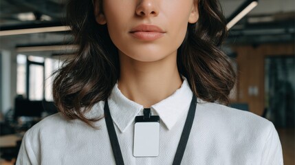 Professional woman wearing an identification badge on a lanyard in a modern office setting